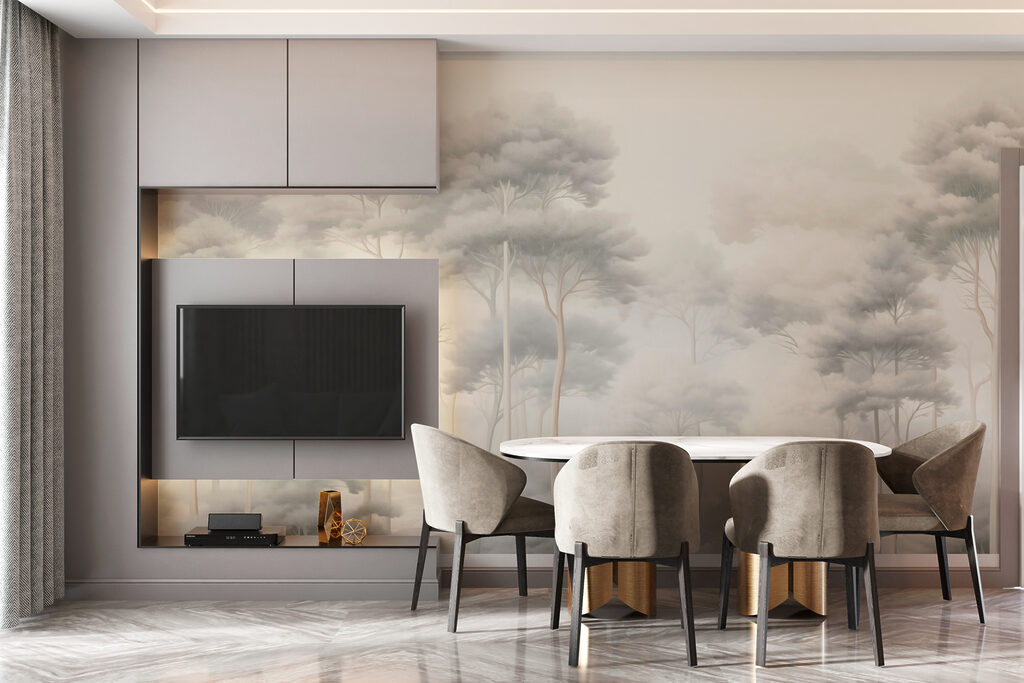 Group of trees in a foggy forest