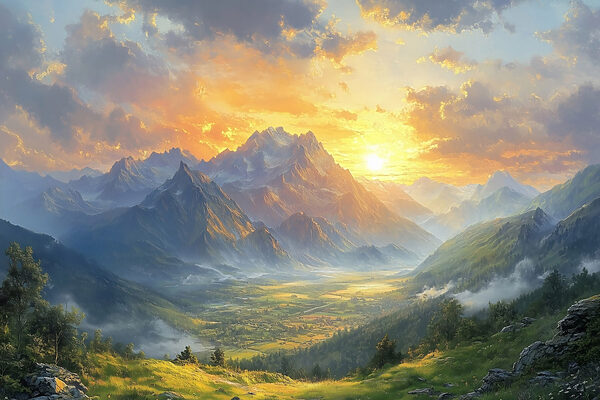 Landschaft mit Bergen und einem Tal mit Wolken und Sonne Landschaft mit Bergen und einem Tal mit Wolken und Sonne