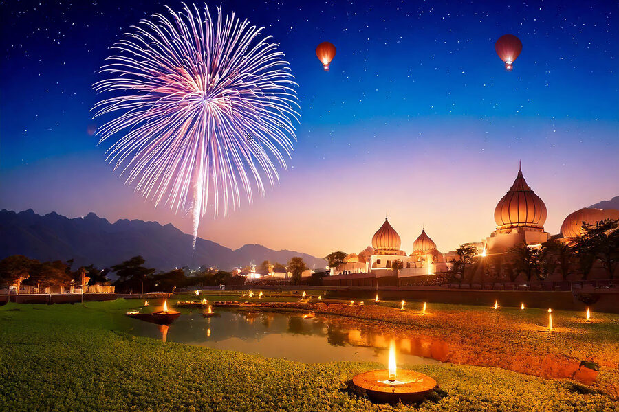 Feuerwerk am Himmel über einem Teich Feuerwerk am Himmel über einem Teich
