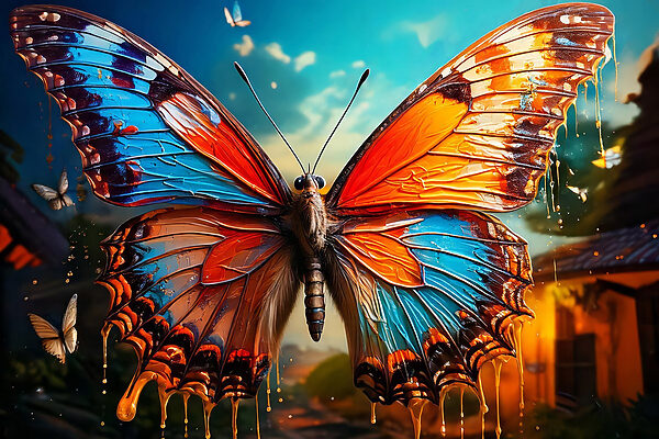 Schmetterling mit orangefarbenen und blauen Flügeln Schmetterling mit orangefarbenen und blauen Flügeln