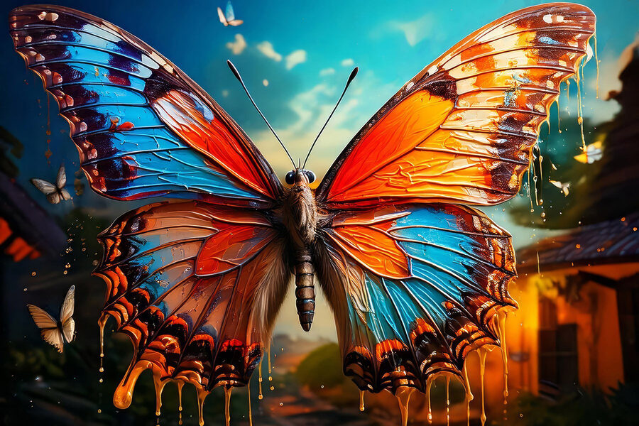 Schmetterling mit orangefarbenen und blauen Flügeln