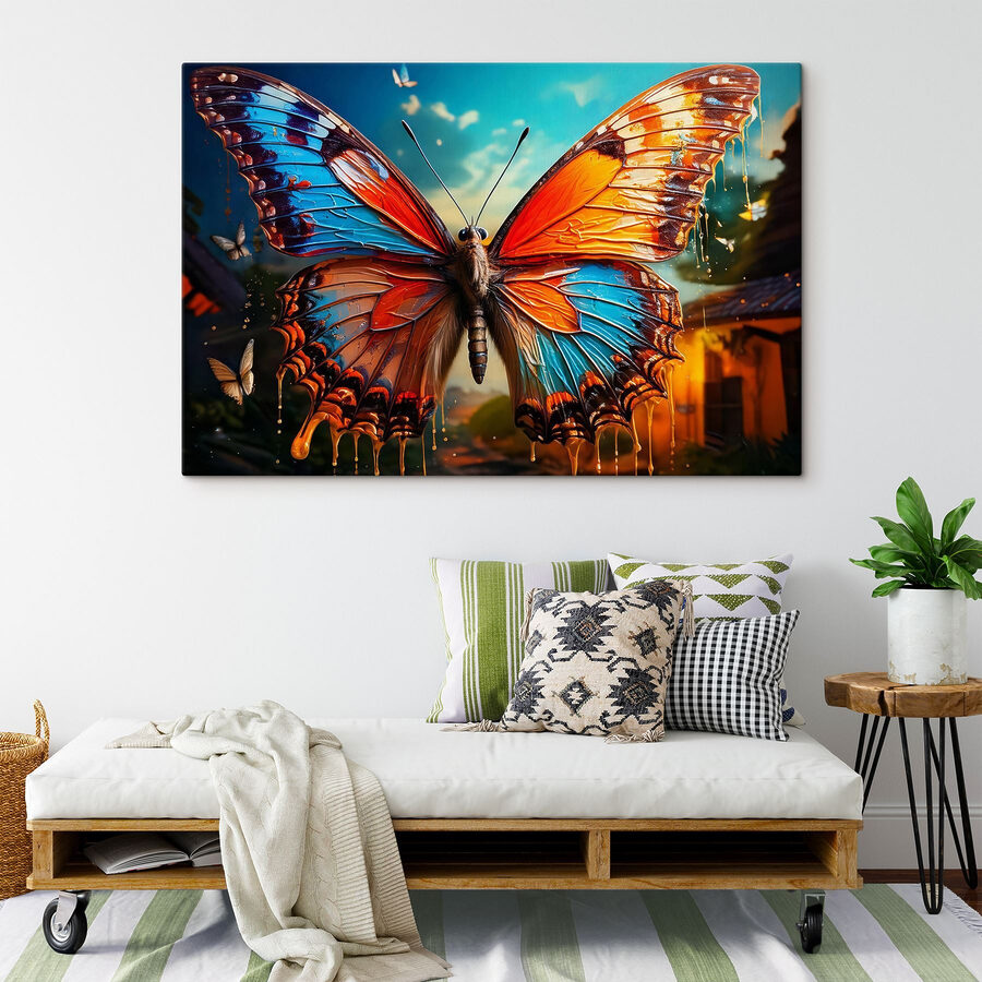 Schmetterling mit orangefarbenen und blauen Flügeln