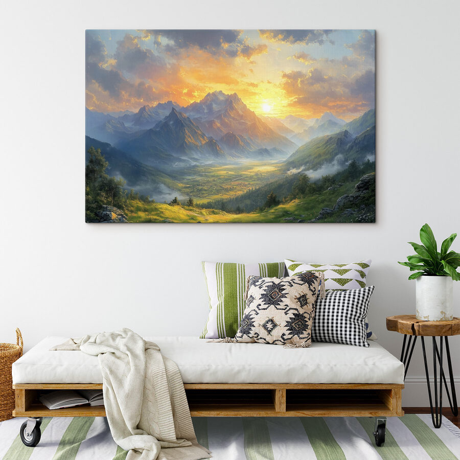 Landschaft mit Bergen und einem Tal mit Wolken und Sonne Landschaft mit Bergen und einem Tal mit Wolken und Sonne