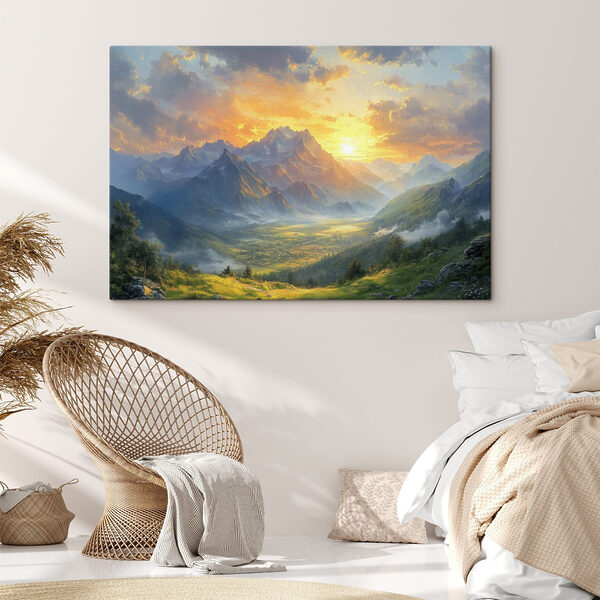 Landschaft mit Bergen und einem Tal mit Wolken und Sonne Landschaft mit Bergen und einem Tal mit Wolken und Sonne