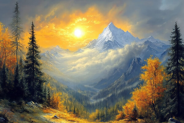 Berglandschaft mit Bäumen und Wolken Berglandschaft mit Bäumen und Wolken
