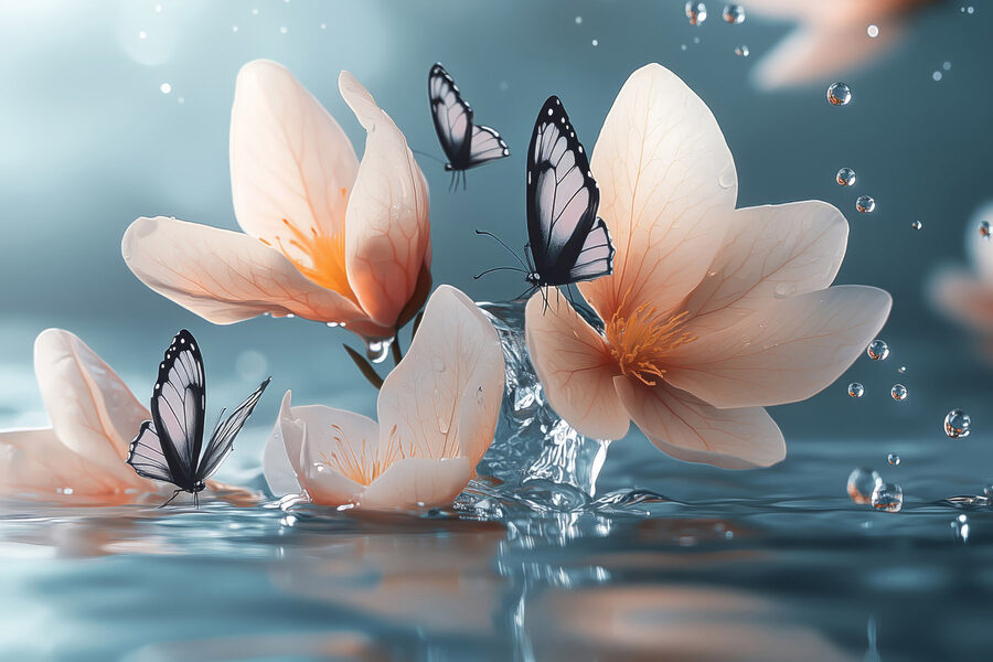 Schmetterlinge auf Blumen und Wasser