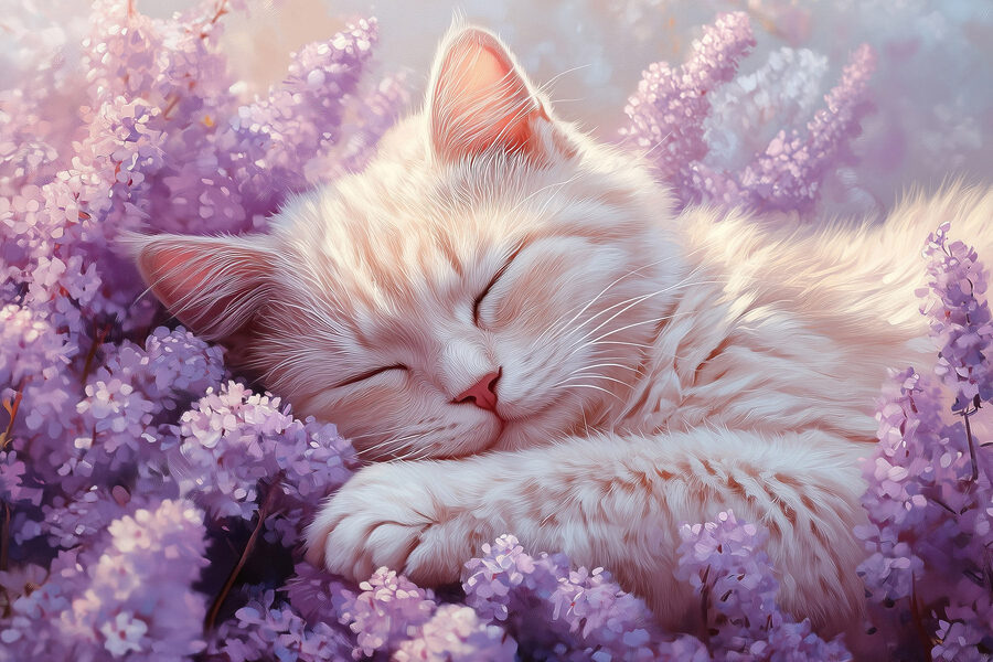 Katze schläft im Blumenbeet Katze schläft im Blumenbeet