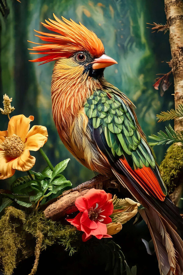 Bunter Vogel sitzt auf einem Zweig mit Blumen Bunter Vogel sitzt auf einem Zweig mit Blumen