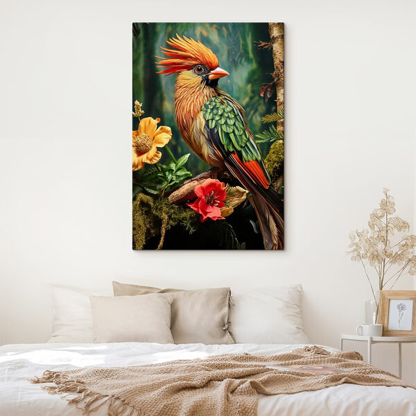 Bunter Vogel sitzt auf einem Zweig mit Blumen Bunter Vogel sitzt auf einem Zweig mit Blumen