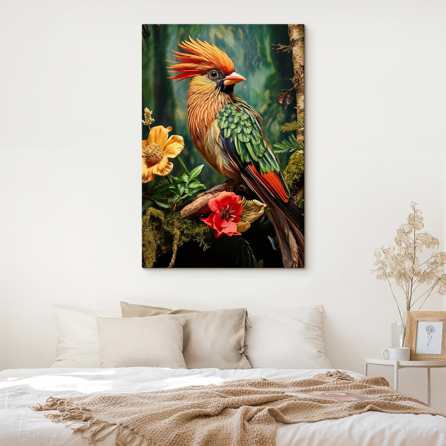 Bunter Vogel sitzt auf einem Zweig mit Blumen