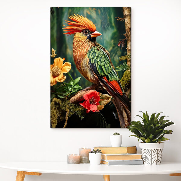 Bunter Vogel sitzt auf einem Zweig mit Blumen Bunter Vogel sitzt auf einem Zweig mit Blumen