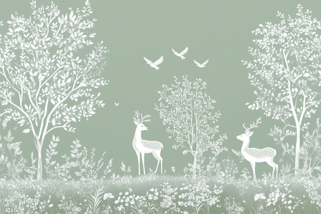 White deer and birds in a field White deer and birds in a field