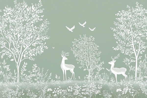 White deer and birds in a field White deer and birds in a field