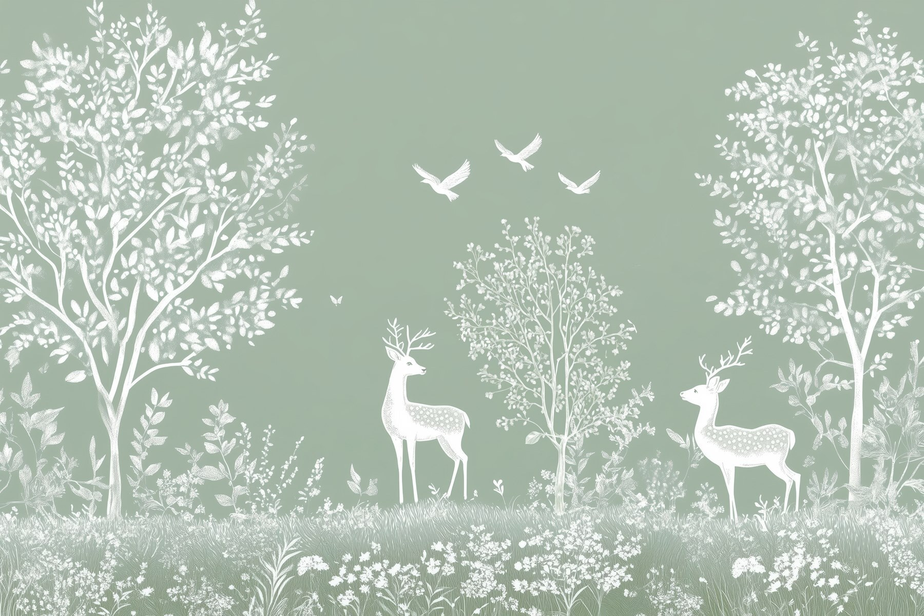 White deer and birds in a field White deer and birds in a field