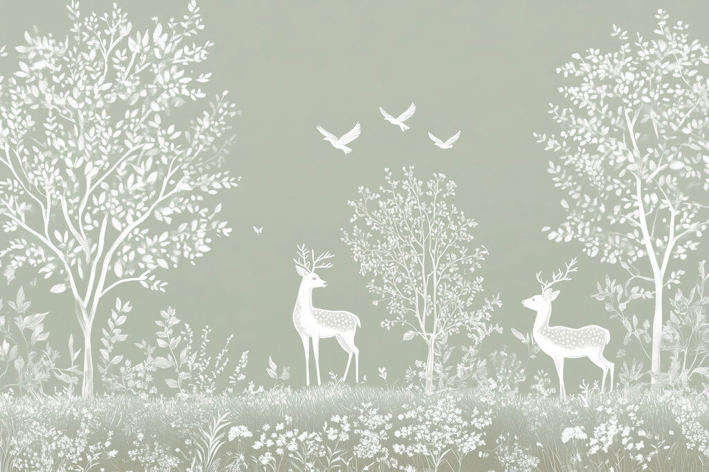 White deer and birds in a forest