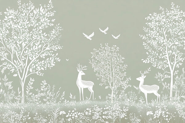 White deer and birds in a forest