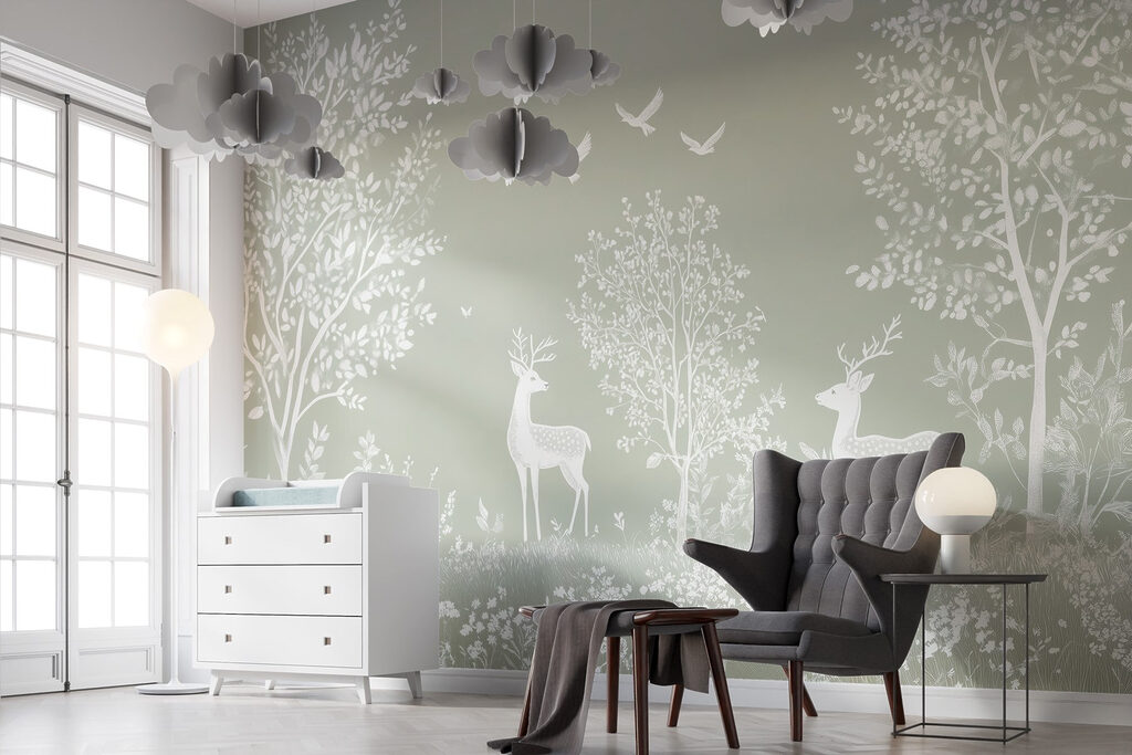 White deer and birds in a forest