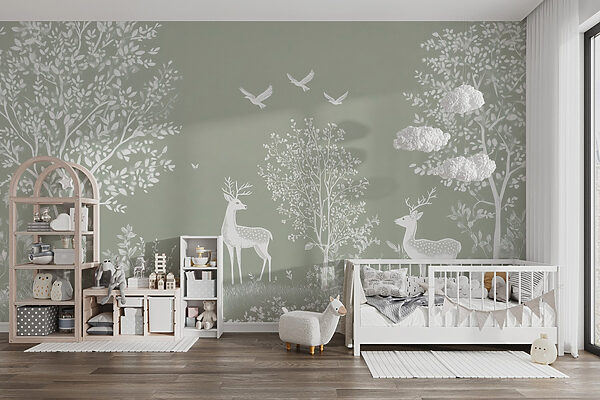 White deer and birds in a forest