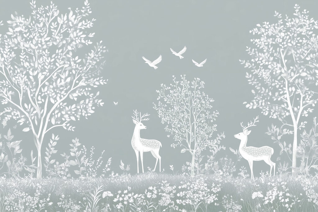 White deer and birds in a forest