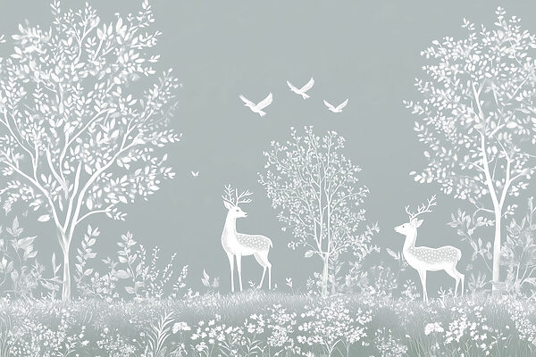 White deer and birds in a forest
