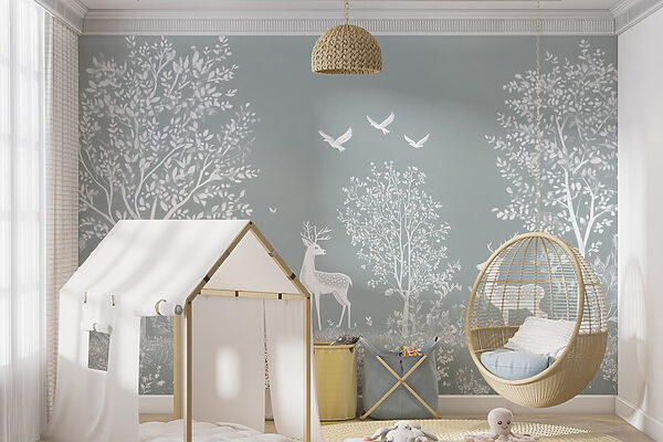 Fototapeten Fototapeten Weiße Hirsche und Vögel im Wald (Artikelnummer: w02444v2)