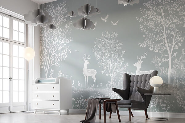 White deer and birds in a forest