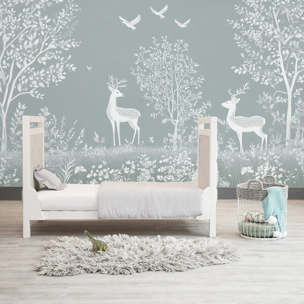 White deer and birds in a forest