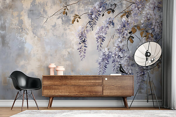 Painting of a branch with purple flowers