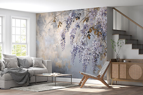 Painting of a branch with purple flowers