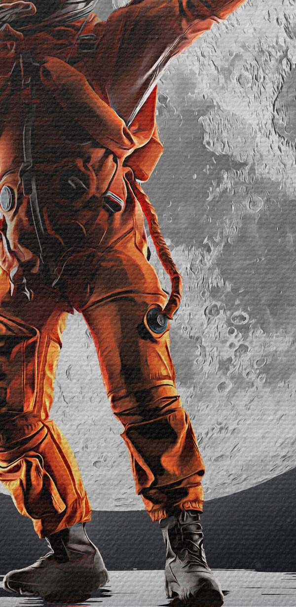 Mann im orangefarbenen Anzug vor einem Vollmond stehend Mann im orangefarbenen Anzug vor einem Vollmond stehend