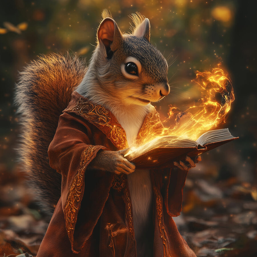 Wandbilder Eichhörnchen hält ein Buch mit Flammen, die aus ihm herauskommen – Bild 12