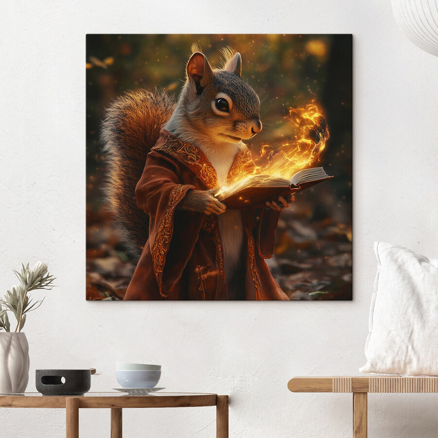 Wandbilder Eichhörnchen hält ein Buch mit Flammen, die aus ihm herauskommen