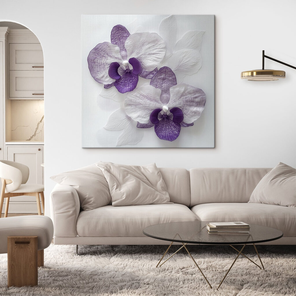 Purple and white flowers on a white surface