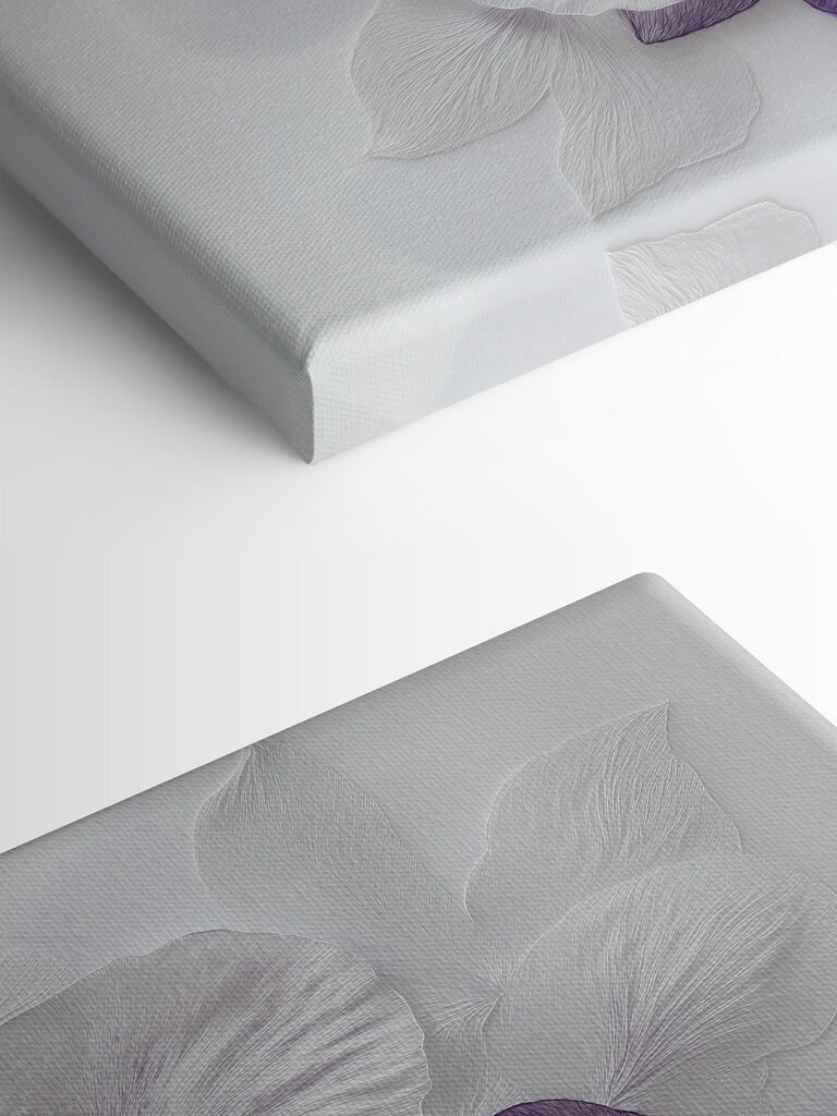 Purple and white flowers on a white surface