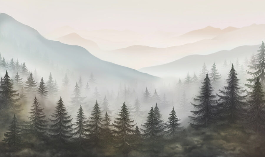 Neblige Landschaft mit Bäumen und Bergen