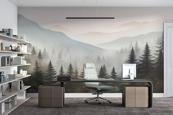 Neblige Landschaft mit Bäumen und Bergen Neblige Landschaft mit Bäumen und Bergen