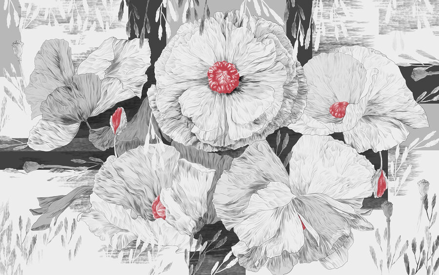 Gruppe weißer Blüten mit roter Mitte