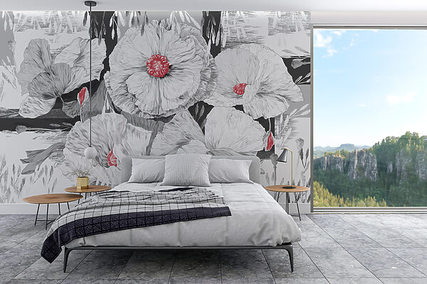 Gruppe weißer Blüten mit roter Mitte Gruppe weißer Blüten mit roter Mitte
