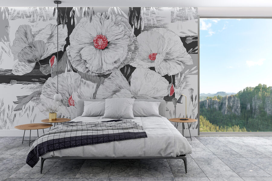 Gruppe weißer Blüten mit roter Mitte