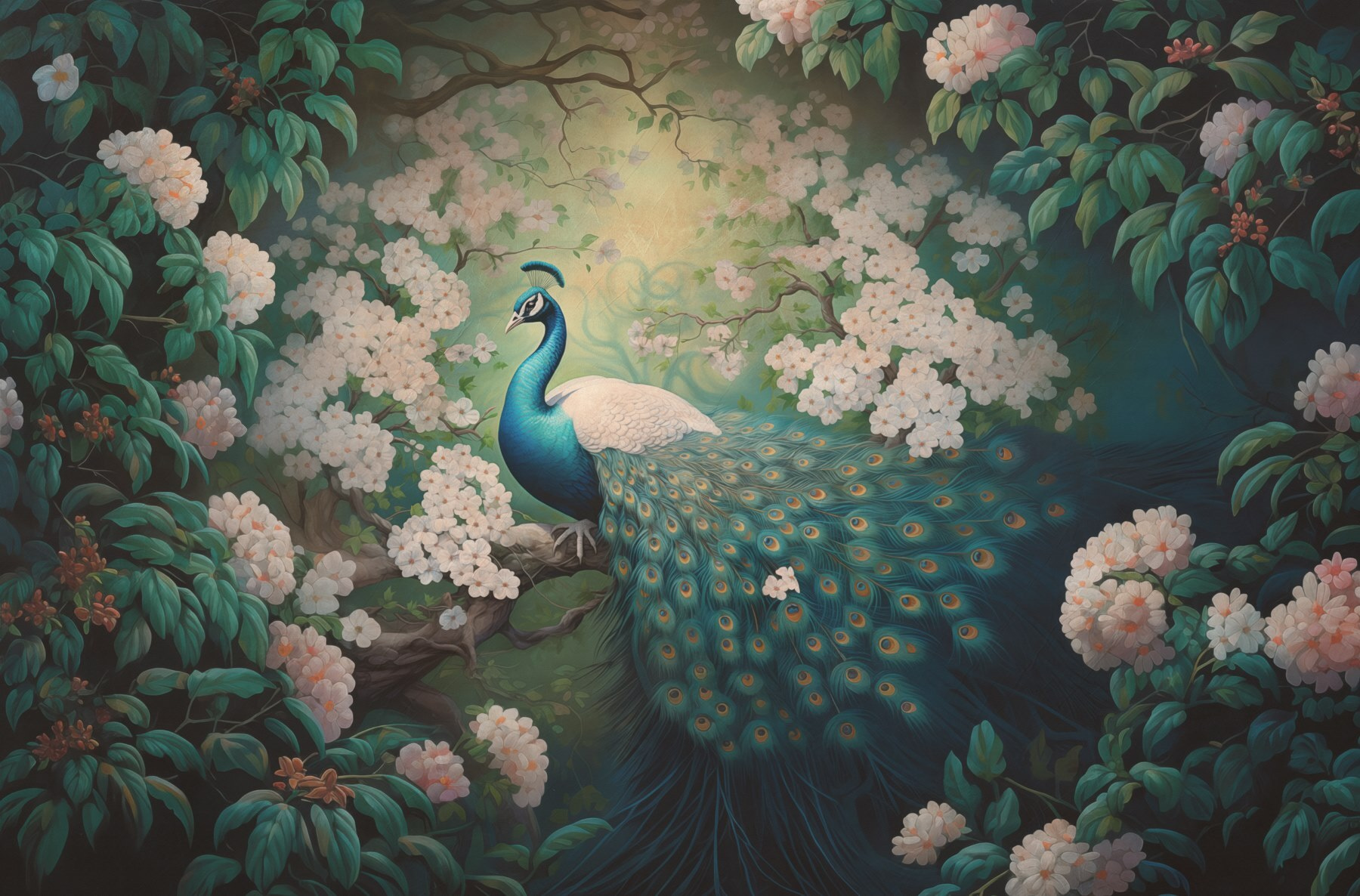Painting of a peacock on a tree branch