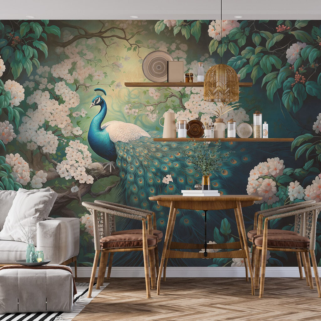 Painting of a peacock on a tree branch