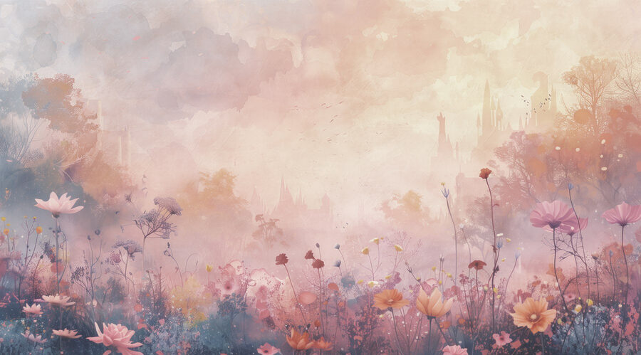 Blumenfeld mit einer Burg im Hintergrund