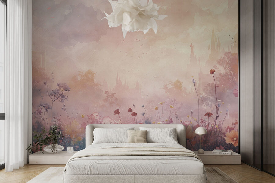 Blumenfeld mit einer Burg im Hintergrund