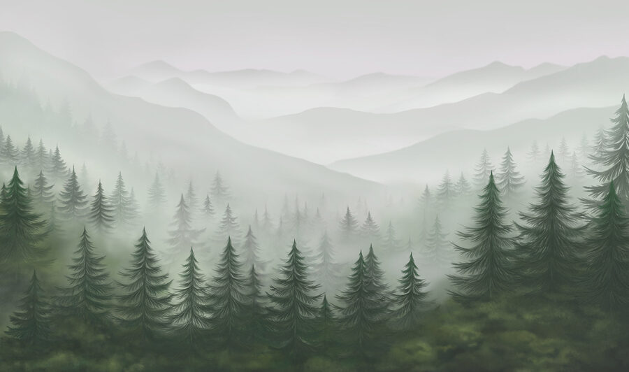 Neblige Landschaft mit Bäumen und Bergen