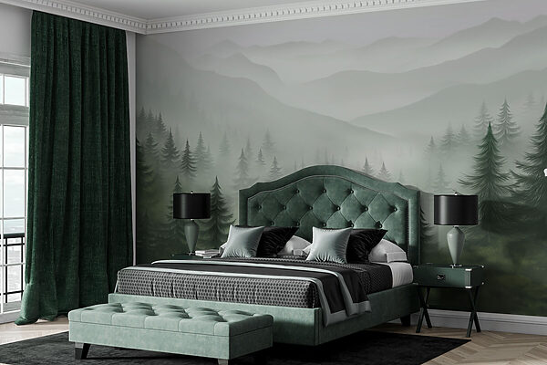 Neblige Landschaft mit Bäumen und Bergen Neblige Landschaft mit Bäumen und Bergen