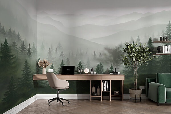 Neblige Landschaft mit Bäumen und Bergen Neblige Landschaft mit Bäumen und Bergen