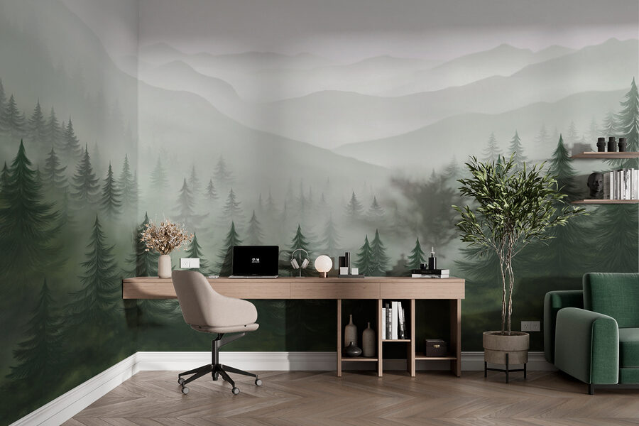 Neblige Landschaft mit Bäumen und Bergen