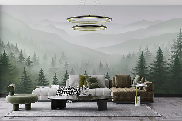 Neblige Landschaft mit Bäumen und Bergen Neblige Landschaft mit Bäumen und Bergen