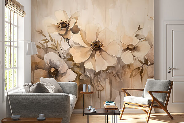 Gemälde mit Blumen an einer Wand Gemälde mit Blumen an einer Wand