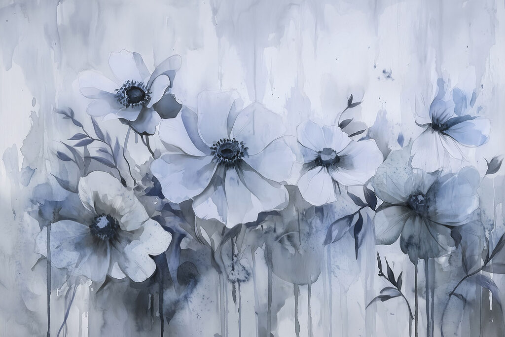 Gemälde von Blumen auf weißem Hintergrund Gemälde von Blumen auf weißem Hintergrund